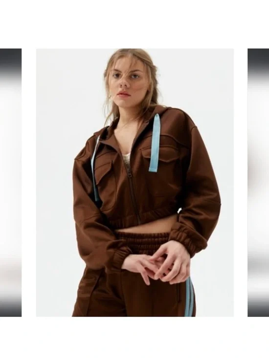 Urban Outfitters Brown Cropped Hooded Jacket with Light Blue Drawstrings - Picture 6 of 6
